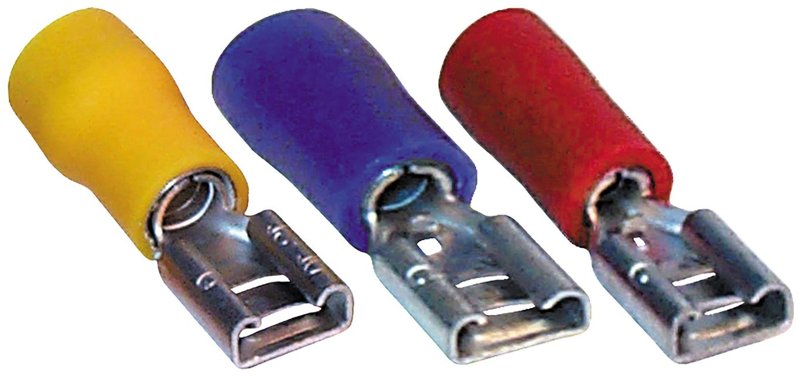 Female Spade Terminals, Yellow, Fits Tab 6.3 mm, pack of 50